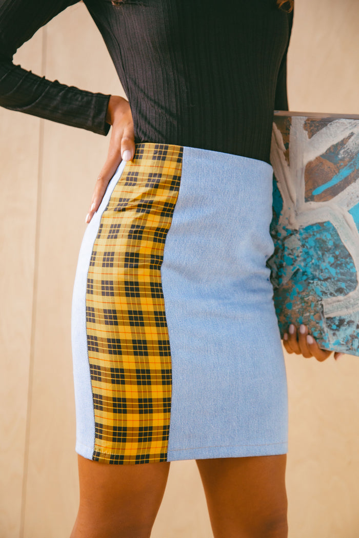 Yellow Tartan and Recycled Denim Mini Skirt