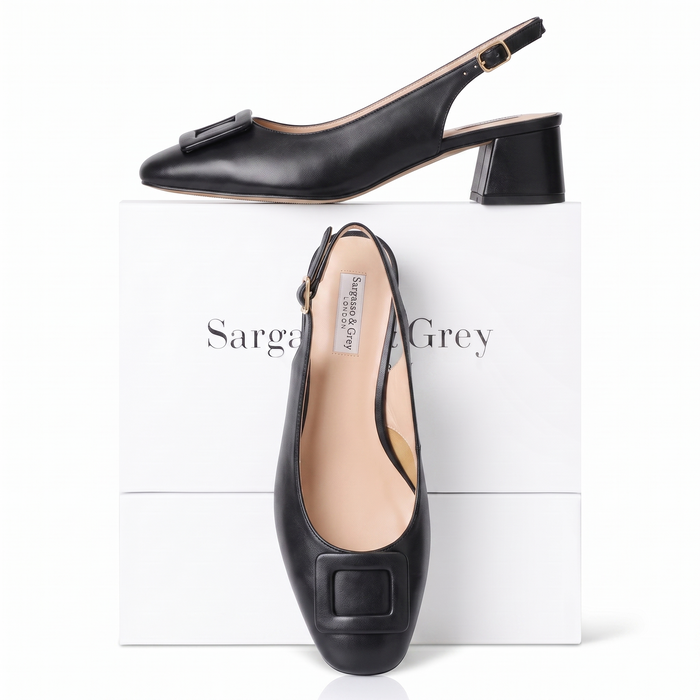 Amalie Buckle Low Heel Slingback - Black Leather