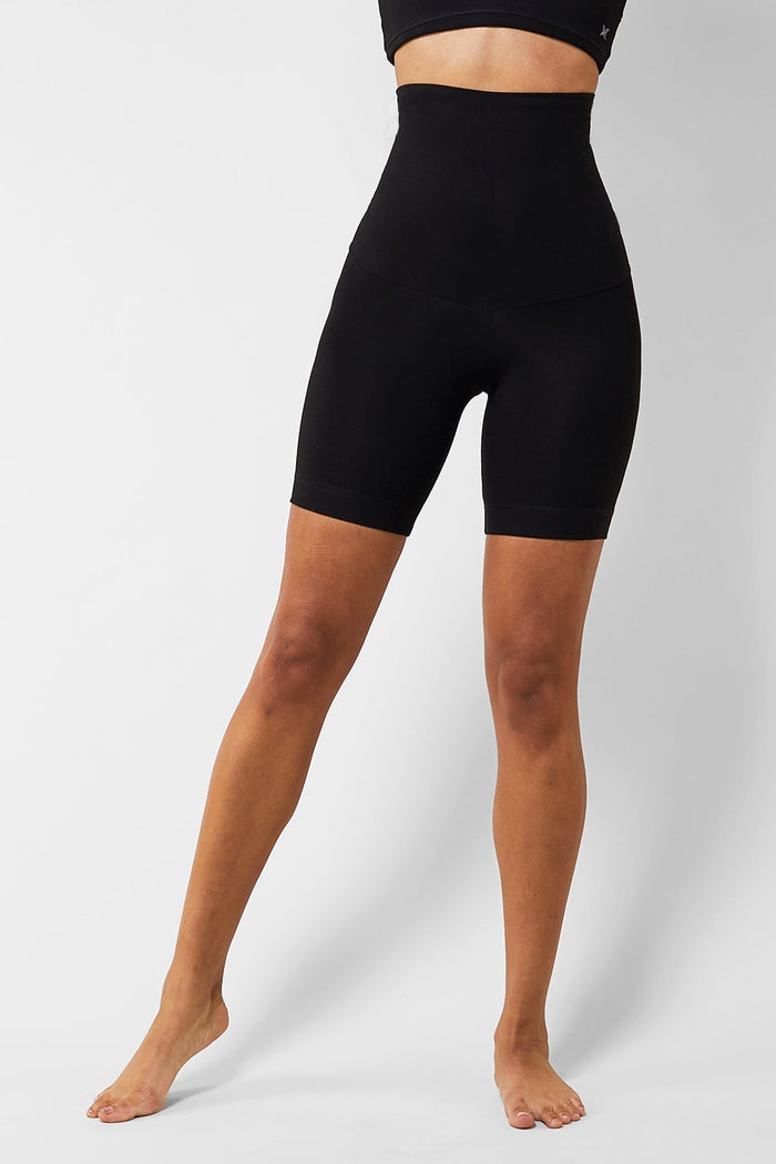 Extra strong compression biker shorts black high waist tummy control front view - TLC Sport