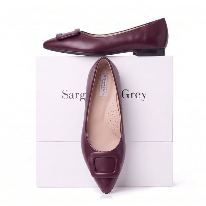 Veronica Extra Wide Buckle Pointed Flat - Burgundy Leather