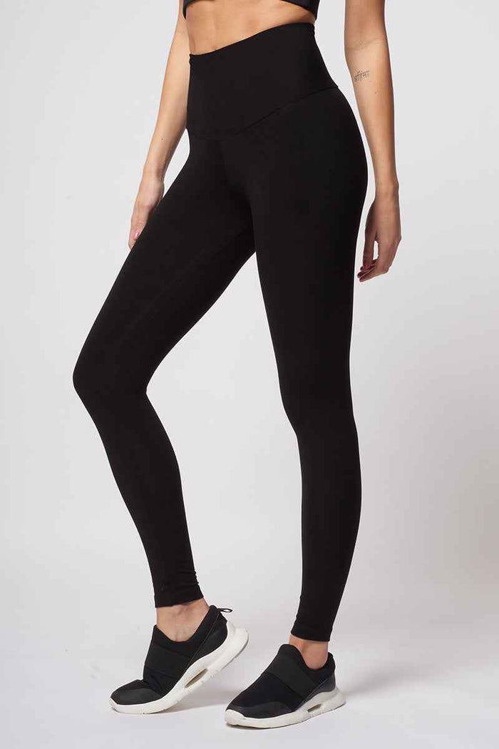 Extra strong compression tummy control leggings black high waist slimming front view - TLC Sport