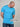 An upper body shot of a tall athletic guy in a studio and wearing a cyan extra large tall slim t-shirt and looking down at the monogram logo.