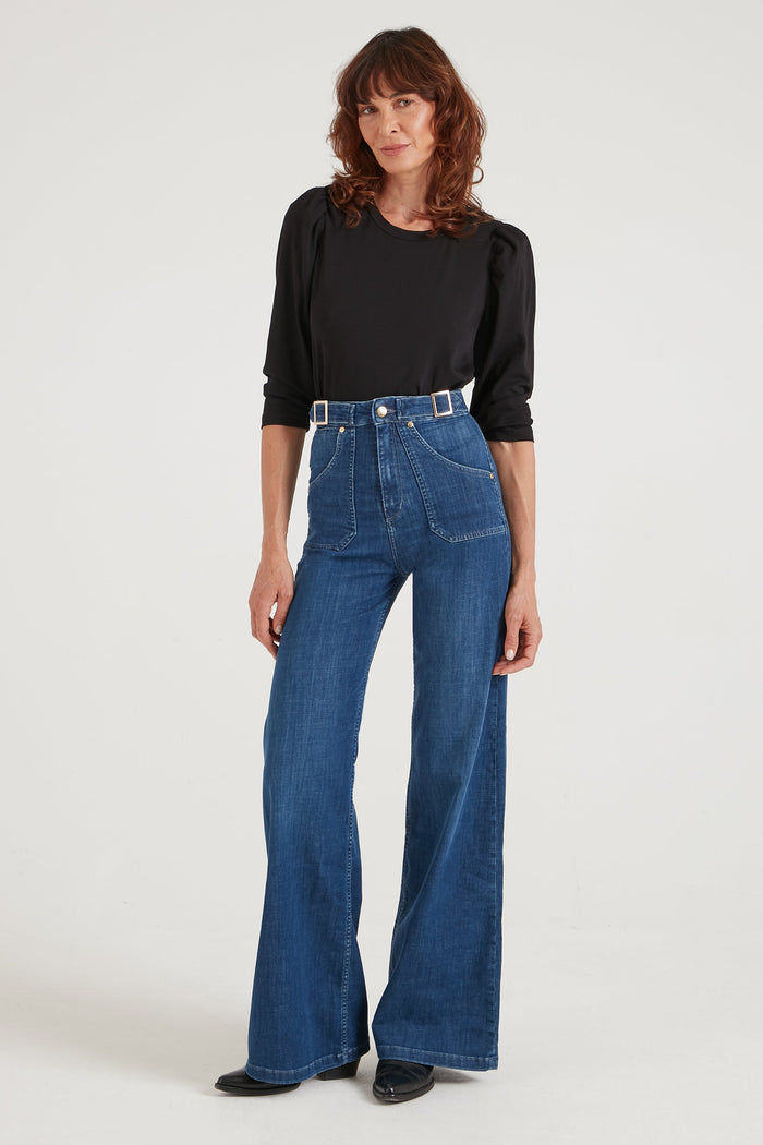 Minnie The High Top Full Length Wide Leg Flared Jeans | Moonlit Morning [Mid Wash Denim]