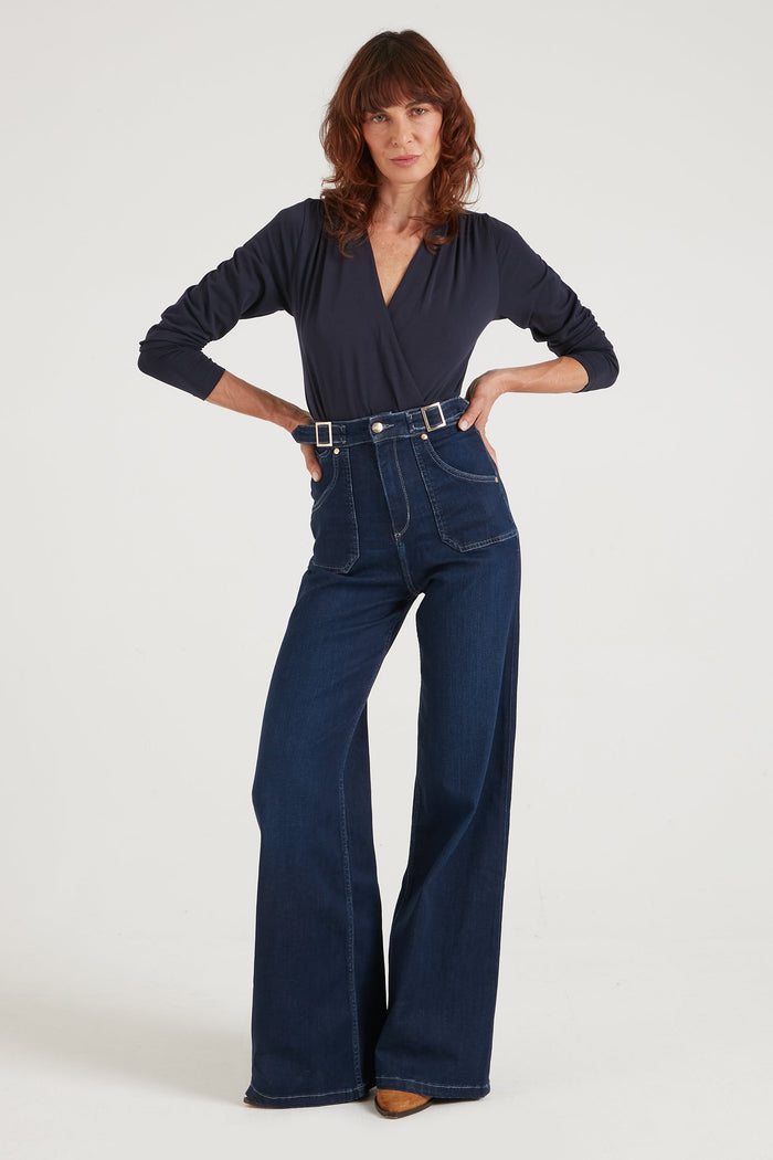 Minnie The High Top Full Length Wide Leg Flared Jeans | Working Girl [Dark Wash Denim]